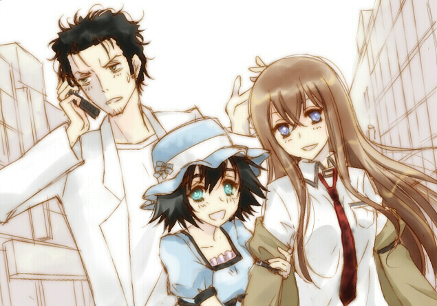 makise kurisu, okabe rintarou, and shiina mayuri (steins;gate) drawn by hachikei