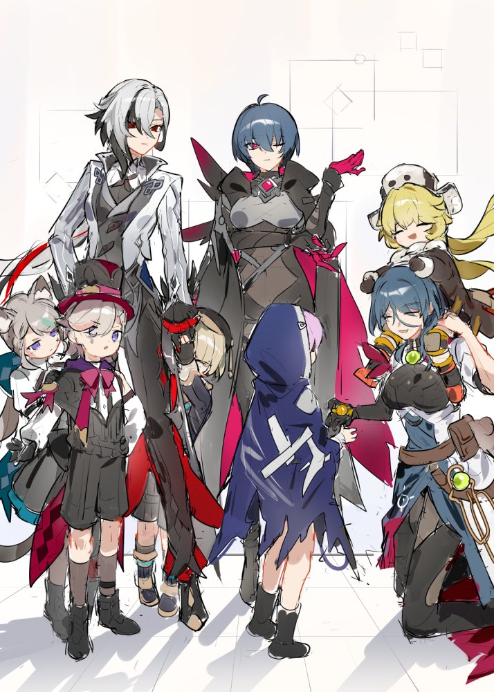 arlecchino, lynette, lyney, freminet, raven, and 3 more (genshin impact and 4 more) drawn by grape_(grapedraws)