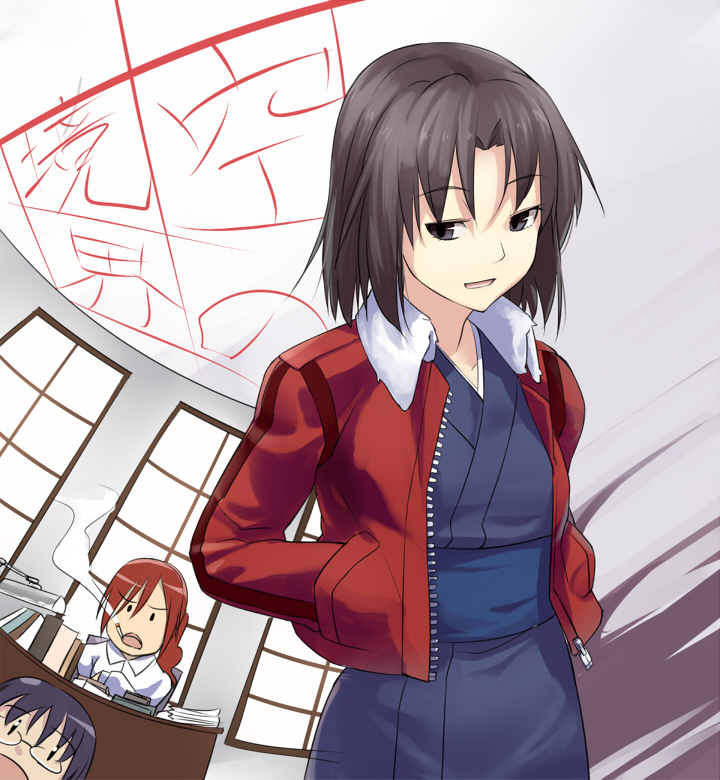 ryougi shiki, aozaki touko, and kokutou mikiya (kara no kyoukai) drawn by level.21