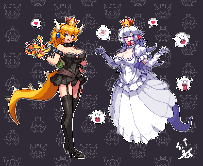 bowsette, princess king boo, and boo (mario and 2 more) drawn by sevenran