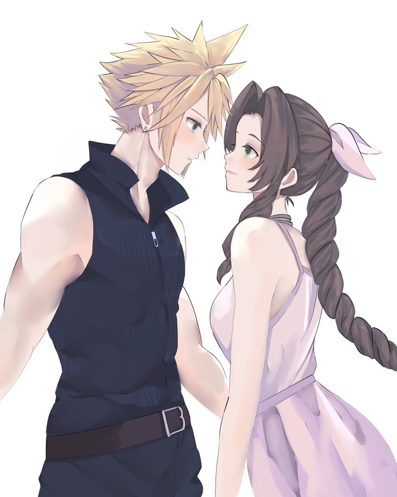cloud strife and aerith gainsborough (final fantasy and 2 more) drawn by enju_clerith