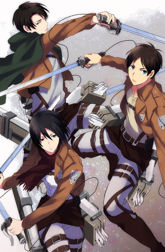 mikasa ackerman, eren yeager, and levi (shingeki no kyojin) drawn by aotsuki_ren