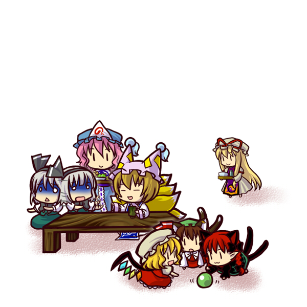 flandre scarlet, konpaku youmu, yakumo yukari, saigyouji yuyuko, yakumo ran, and 2 more (touhou) drawn by socha