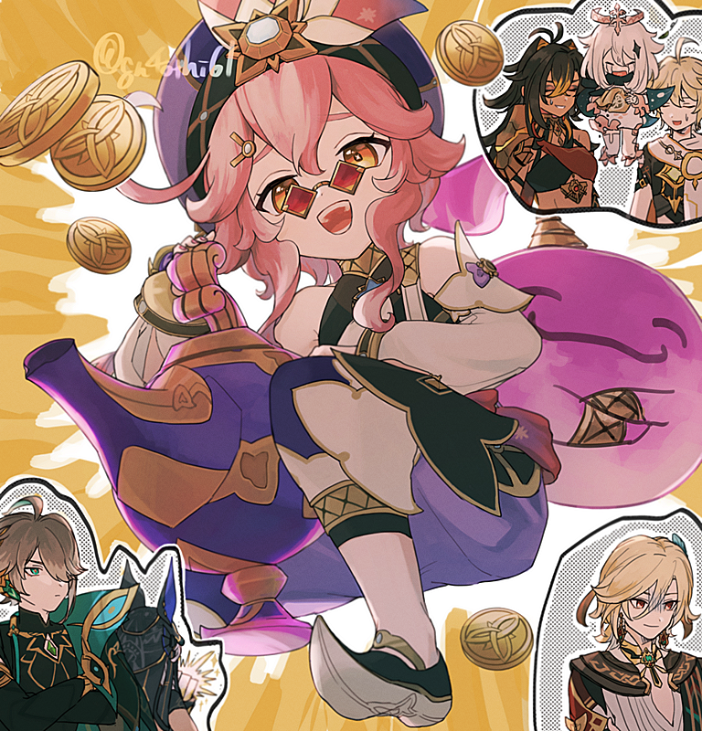 aether, paimon, alhaitham, kaveh, cyno, and 3 more (genshin impact) drawn by suitchi_(gn4othi61)