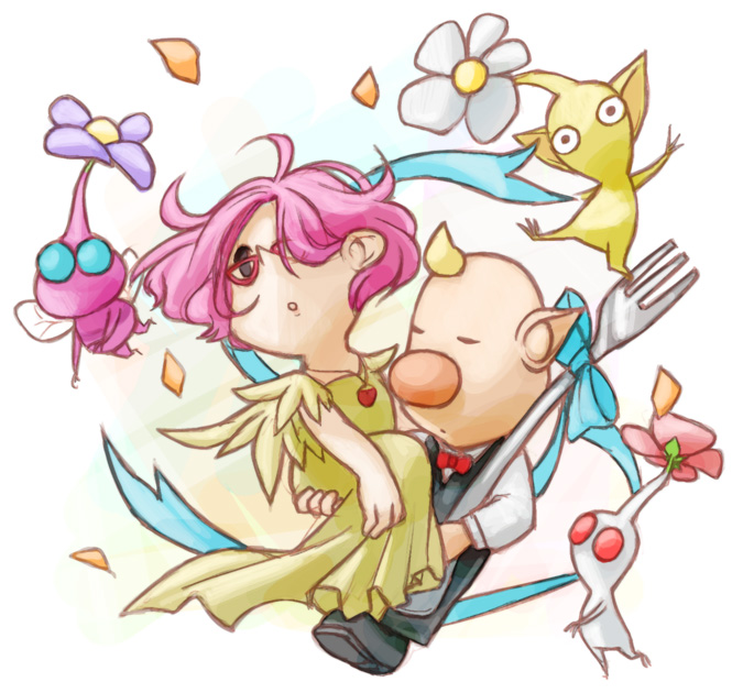yellow pikmin, white pikmin, louie, winged pikmin, and brittany (pikmin) drawn by naru_(wish_field)