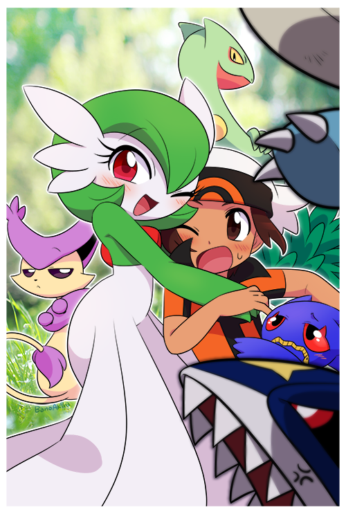gardevoir, brendan, banette, sceptile, salamence, and 2 more (pokemon and 1 more) drawn by bano_akira