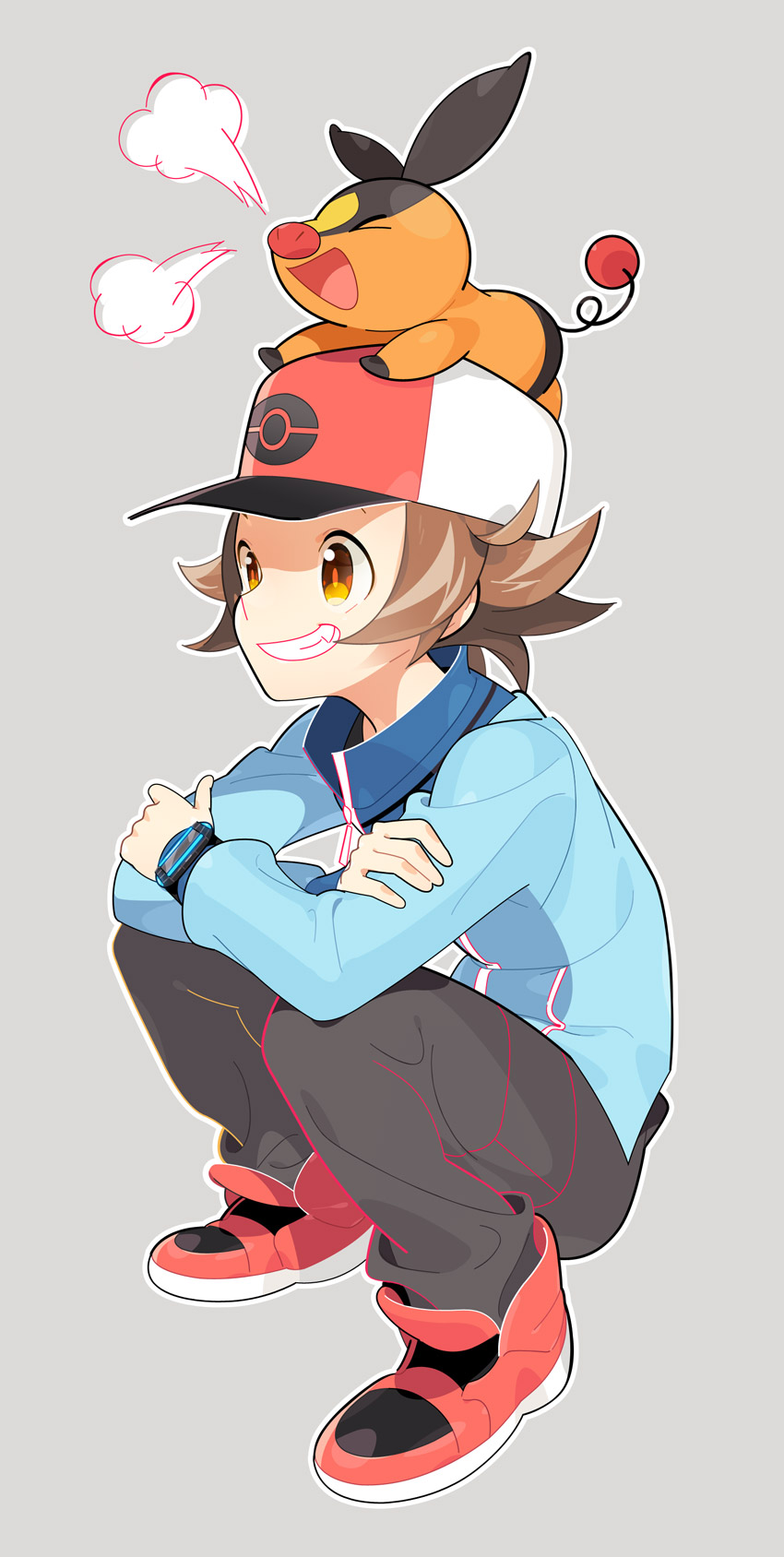 hilbert and tepig (pokemon and 1 more) drawn by uchako