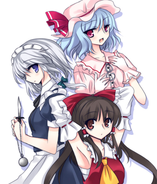 hakurei reimu, remilia scarlet, and izayoi sakuya (touhou) drawn by yatosaki_haru
