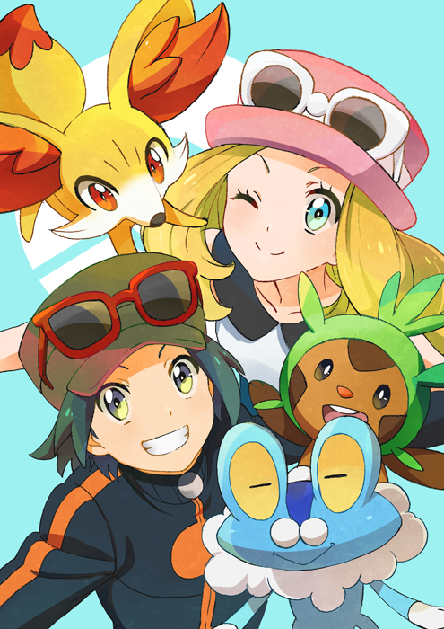 serena, calem, fennekin, chespin, and froakie (pokemon and 1 more) drawn by dante0909