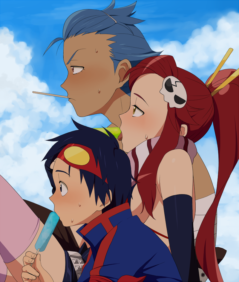 yoko littner, simon, and kamina (tengen toppa gurren lagann) drawn by mosako