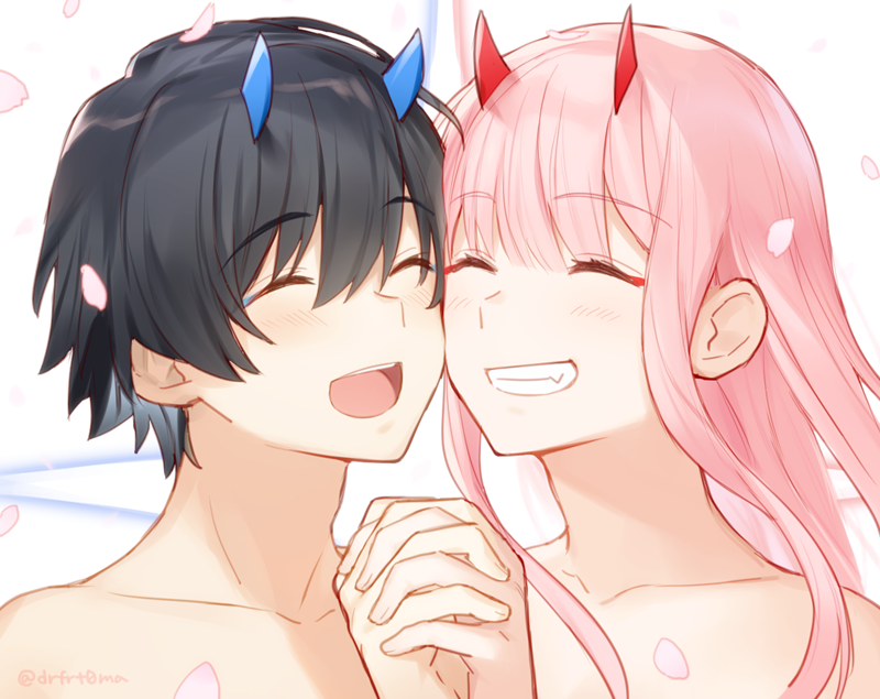 zero two and hiro (darling in the franxx) drawn by toma_(norishio)