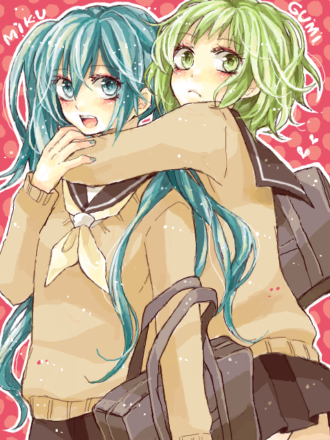 hatsune miku and gumi (vocaloid) drawn by makoto_(roketto-massyumaro)