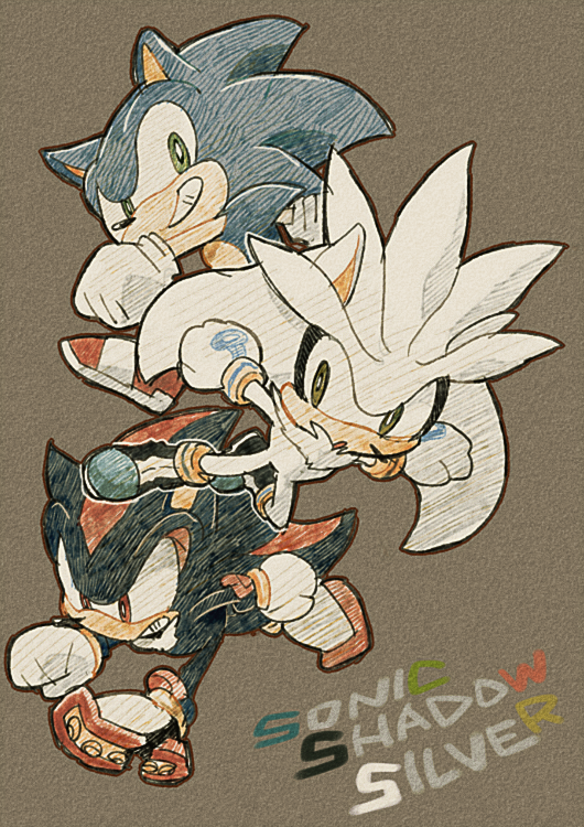 sonic the hedgehog, shadow the hedgehog, and silver the hedgehog (sonic and 1 more) drawn by aoki_(fumomo)