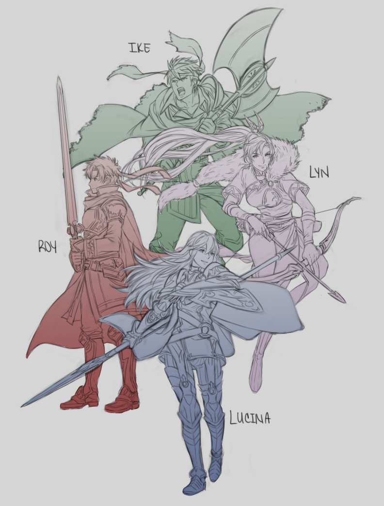 eliwood, lyn, greil, ike, lucina, and 1 more (fire emblem and 5 more) drawn by krazehkai