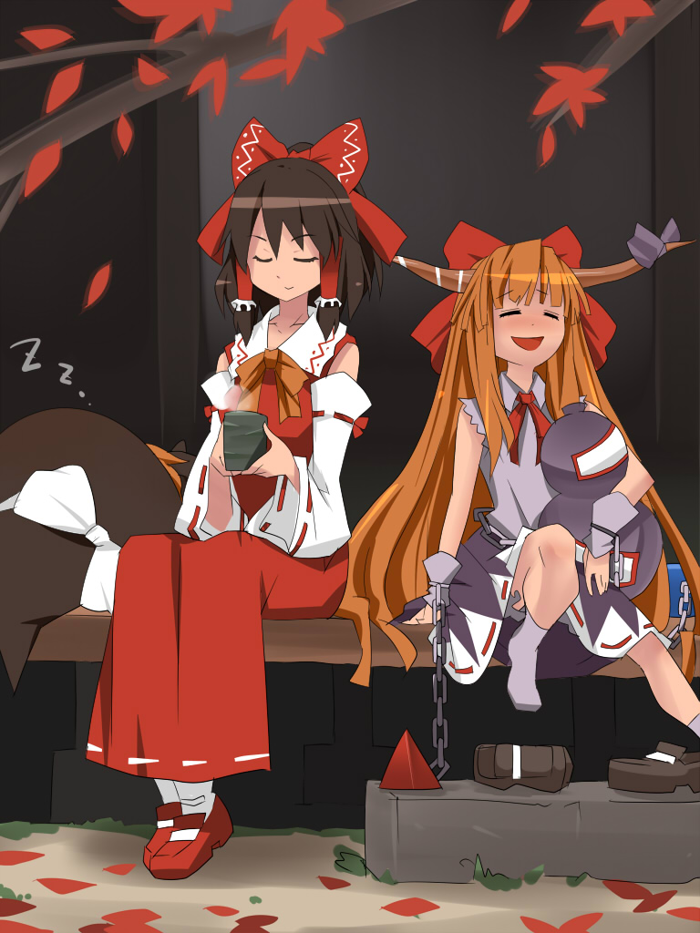 hakurei reimu, kirisame marisa, and ibuki suika (touhou) drawn by uni_(gugurutan)
