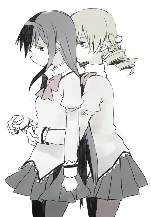 akemi homura and tomoe mami (mahou shoujo madoka magica) drawn by kutsuwada_on