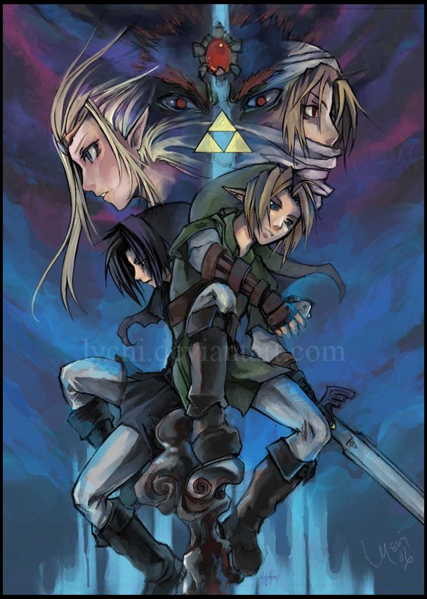 link, princess zelda, ganondorf, sheik, and dark link (the legend of zelda and 1 more) drawn by lychi