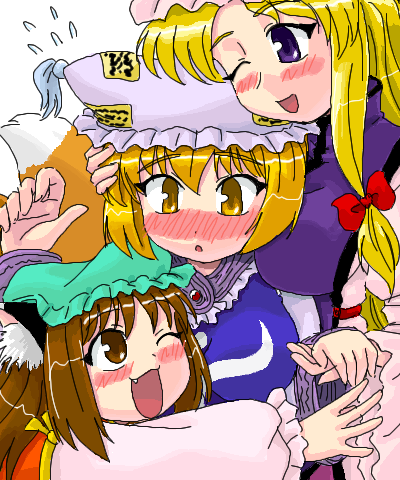 yakumo yukari, yakumo ran, and chen (touhou) drawn by sasuke_(sasuke_no_sato)