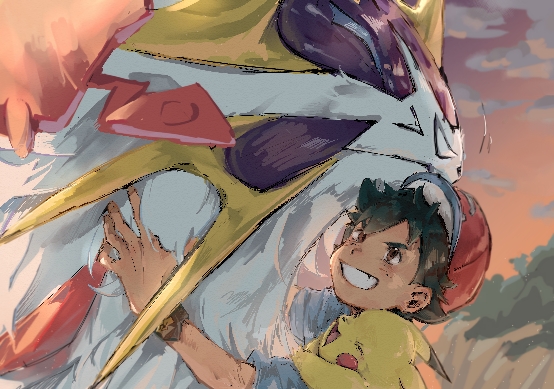 pikachu, ash ketchum, rotom, rotom dex, and solgaleo (pokemon and 1 more) drawn by akebwanwan