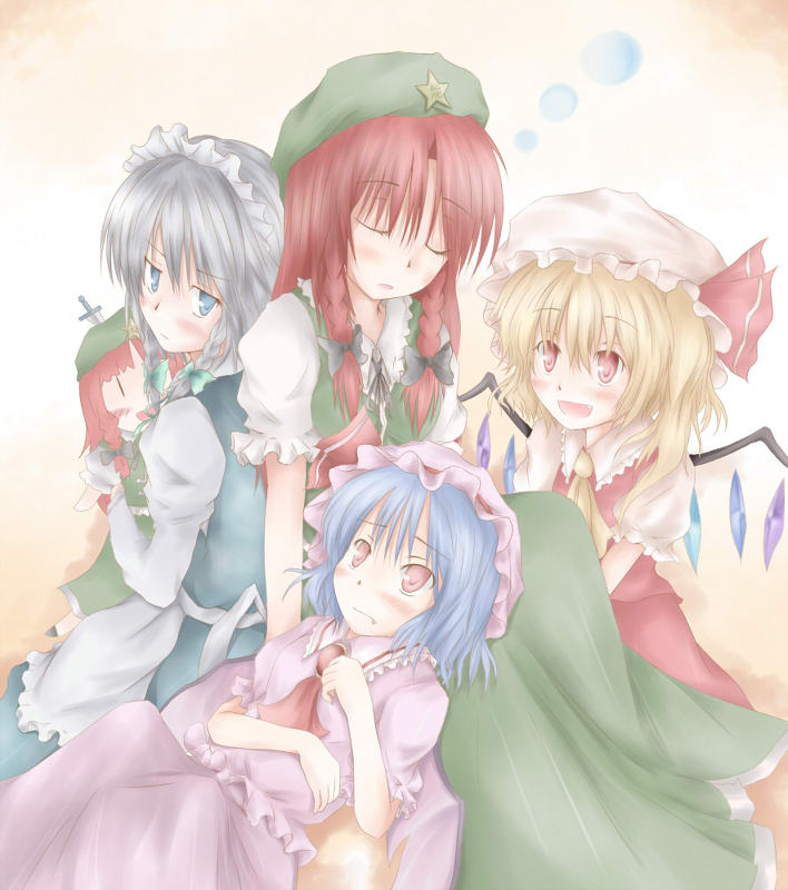 remilia scarlet, flandre scarlet, izayoi sakuya, and hong meiling (touhou) drawn by romi