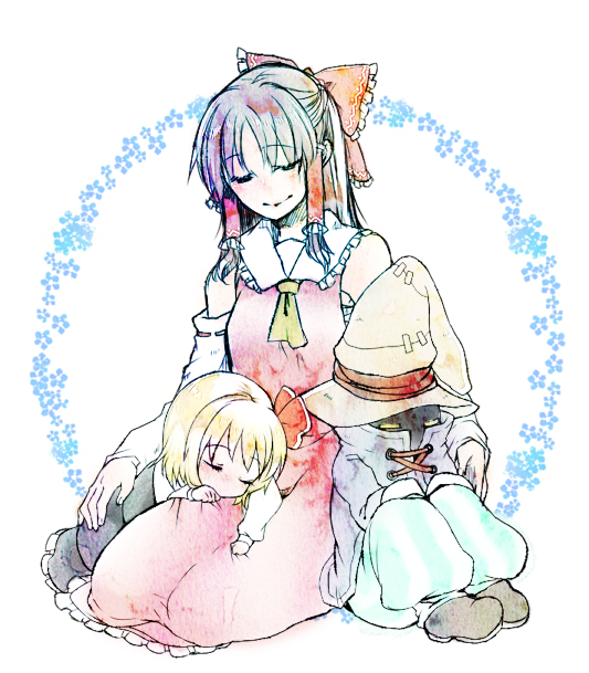 hakurei reimu, rumia, black mage, and vivi ornitier (touhou and 2 more) drawn by kuroneko_(44yen)