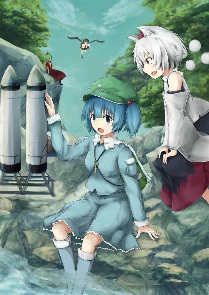 shameimaru aya, inubashiri momiji, kawashiro nitori, and kagiyama hina (touhou) drawn by kumomiya