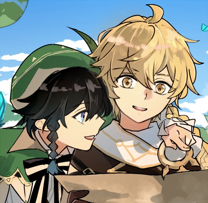 aether and venti (genshin impact) drawn by kk_(kkgame7733)