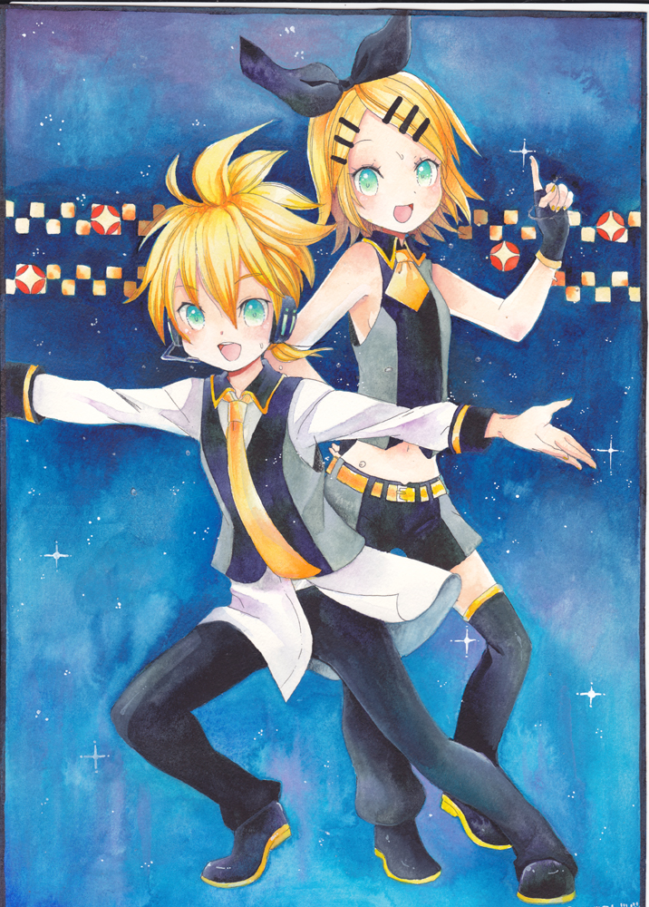 kagamine rin and kagamine len (vocaloid and 2 more) drawn by mosho