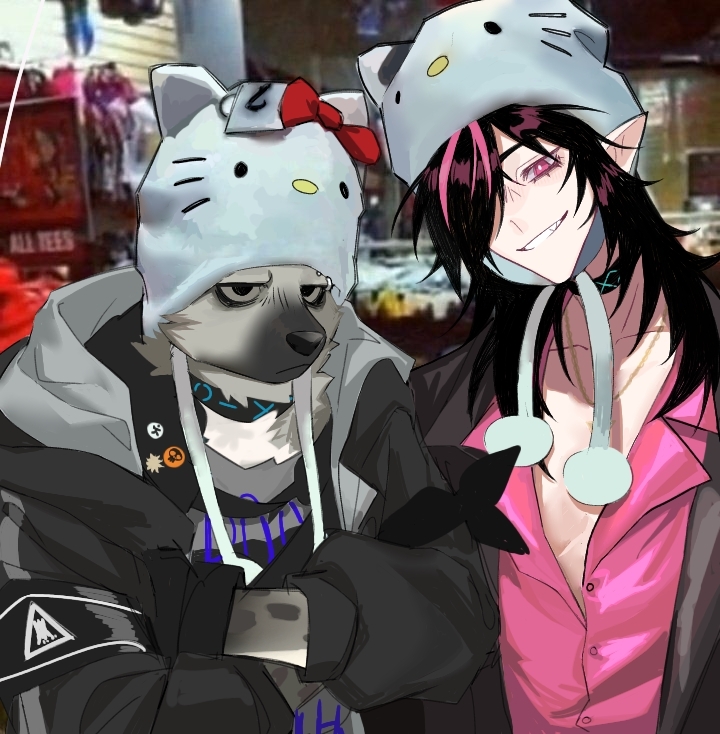 hello kitty, spot, and midnight (arknights and 2 more) drawn by demetorifan