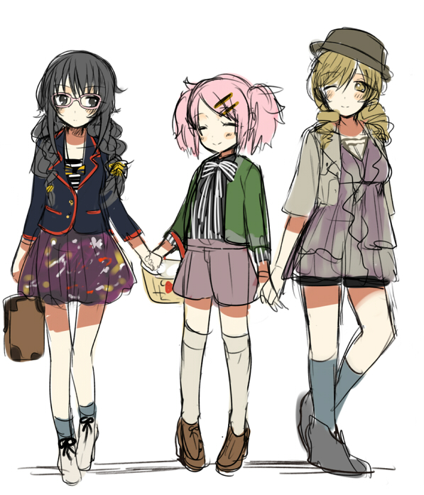 akemi homura, kaname madoka, and tomoe mami (mahou shoujo madoka magica) drawn by kippu