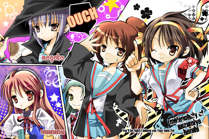 suzumiya haruhi, nagato yuki, asahina mikuru, kyonko, tsuruya, and 1 more (suzumiya haruhi no yuuutsu) drawn by eno1945