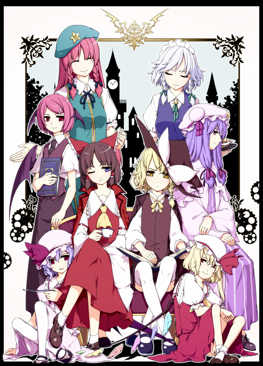 hakurei reimu, kirisame marisa, remilia scarlet, flandre scarlet, izayoi sakuya, and 3 more (touhou) drawn by sakuraba_yuuki