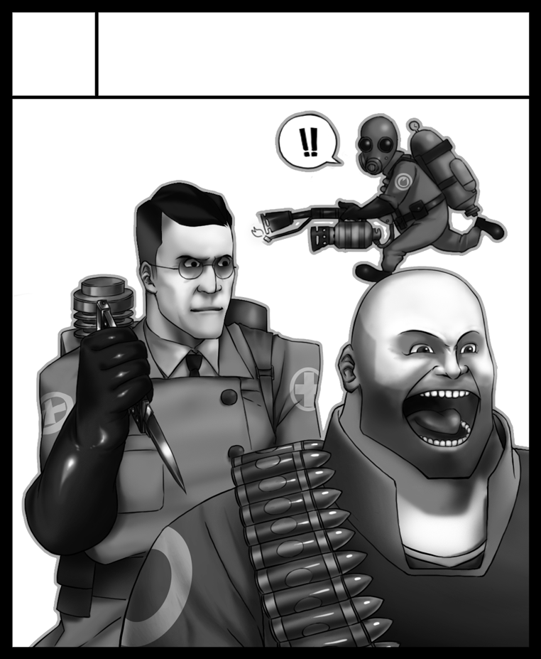 pyro, medic, heavy, and spy (team fortress 2) drawn by drymon