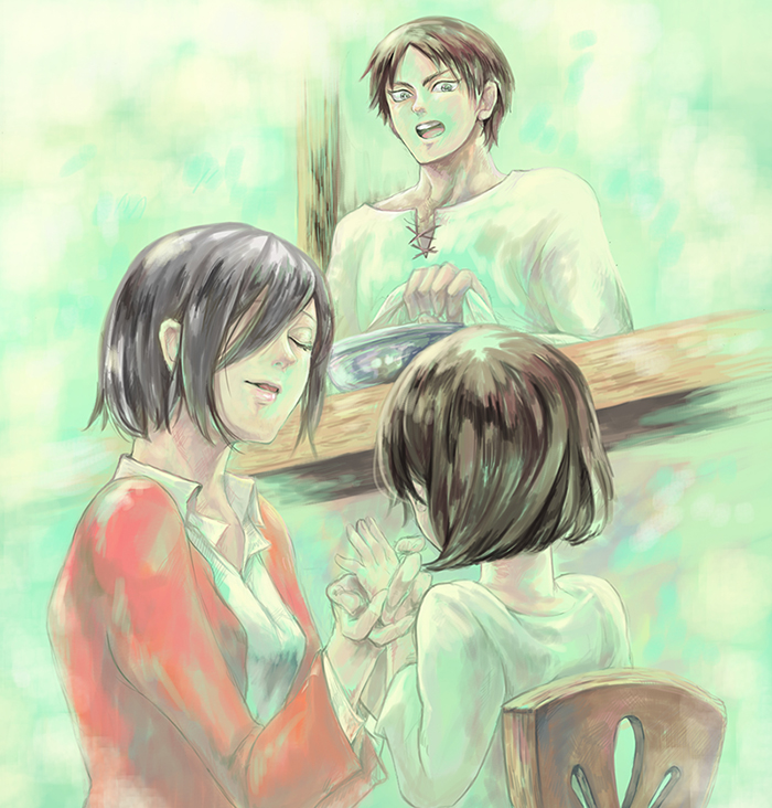 mikasa ackerman and eren yeager (shingeki no kyojin) drawn by warami