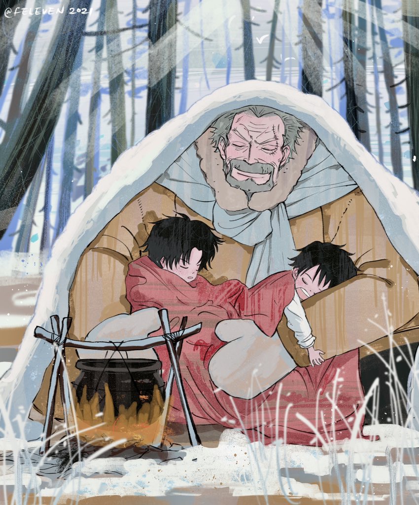 monkey d. luffy, portgas d. ace, and monkey d. garp (one piece) drawn by feleven