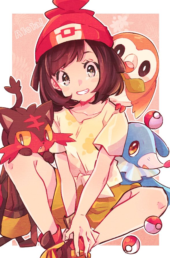 selene, rowlet, popplio, and litten (pokemon and 1 more) drawn by misha_(ohds101)