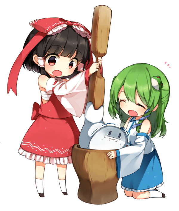 hakurei reimu, kochiya sanae, and mochi (touhou) drawn by shnva