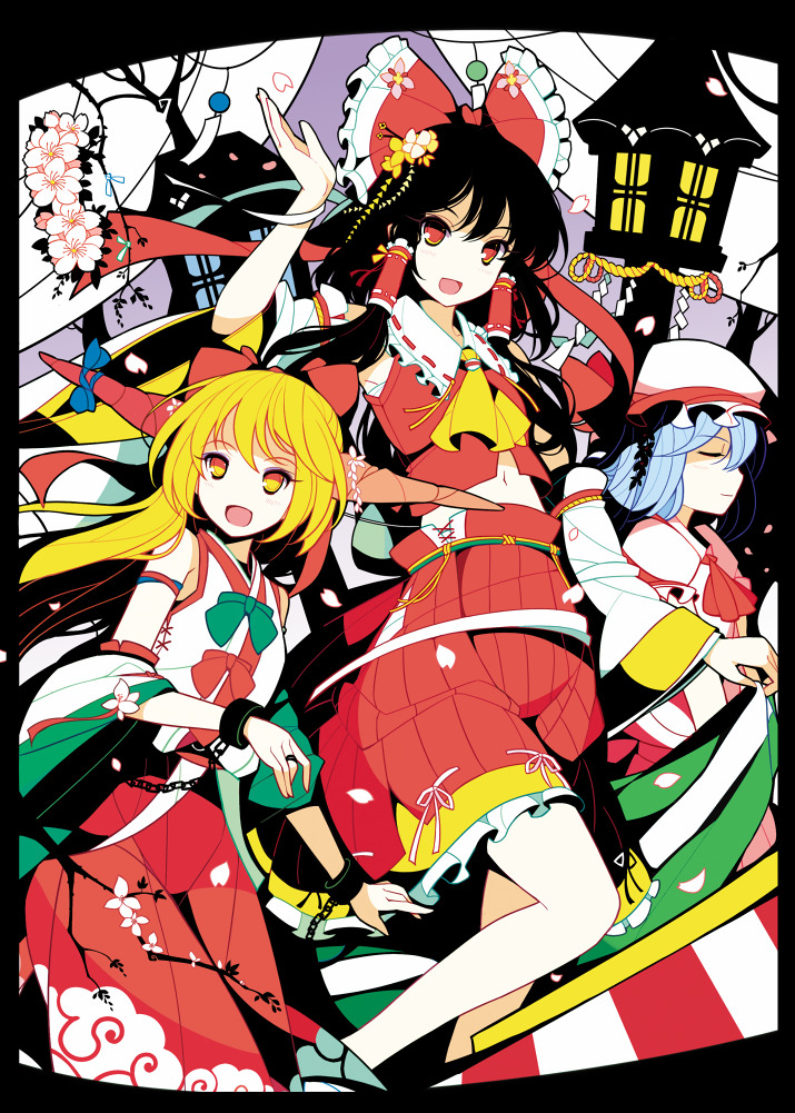 hakurei reimu, remilia scarlet, and ibuki suika (touhou) drawn by ideolo