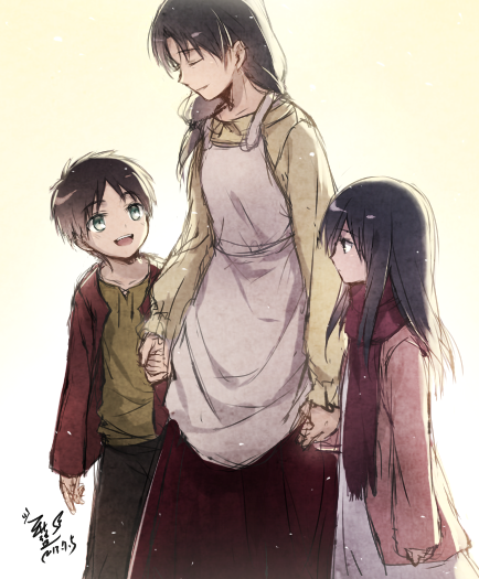 mikasa ackerman, eren yeager, and carla yeager (shingeki no kyojin) drawn by daphine78805