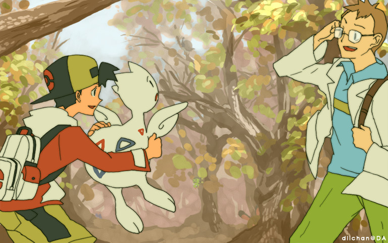 ethan, togetic, and professor elm (pokemon and 1 more) drawn by diichan