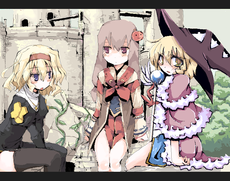kirisame marisa, alice margatroid, patchouli knowledge, priest, poring, and 2 more (touhou and 1 more) drawn by colt_(tetsuya), fuukadia_(narcolepsy), and mochiki