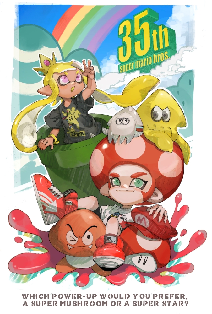 inkling player character, inkling girl, octoling player character, octoling boy, goomba, and 1 more (splatoon and 2 more) drawn by panchicchi_(pixiv_101958735)