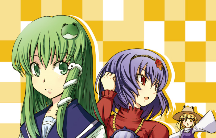 kochiya sanae, moriya suwako, and yasaka kanako (touhou) drawn by gin'ichi_(akacia)