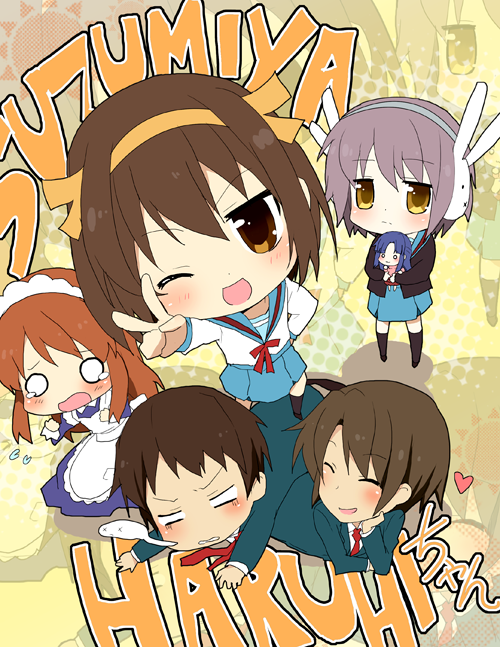 suzumiya haruhi, nagato yuki, asahina mikuru, kyon, asakura ryoko, and 2 more (suzumiya haruhi no yuuutsu and 1 more) drawn by kurot