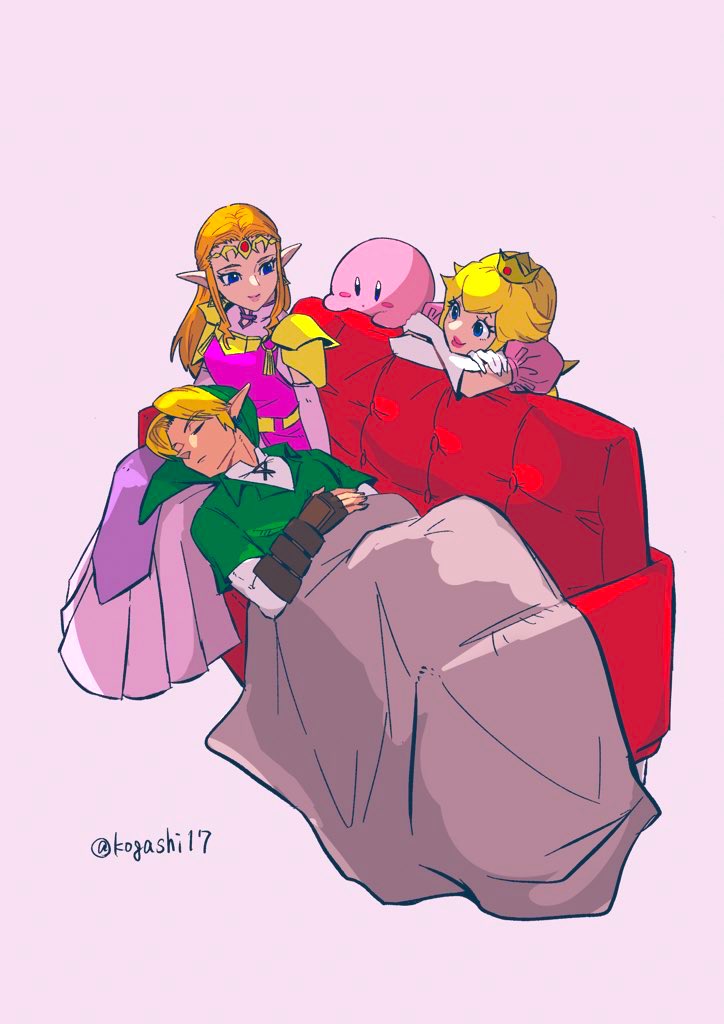 link, princess zelda, kirby, and princess peach (the legend of zelda and 4 more) drawn by kogashi17