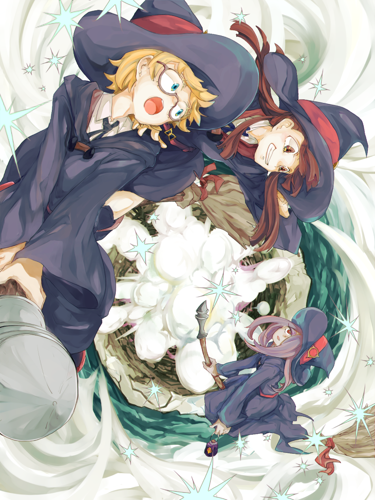 kagari atsuko, sucy manbavaran, and lotte jansson (little witch academia) drawn by kazzu