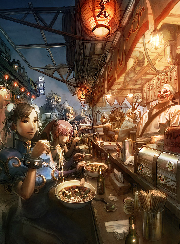 chun-li, lilith, mega man, ibuki, hibiki dan, and 5 more (street fighter and 7 more) drawn by arnold_tsang and udon_entertainment