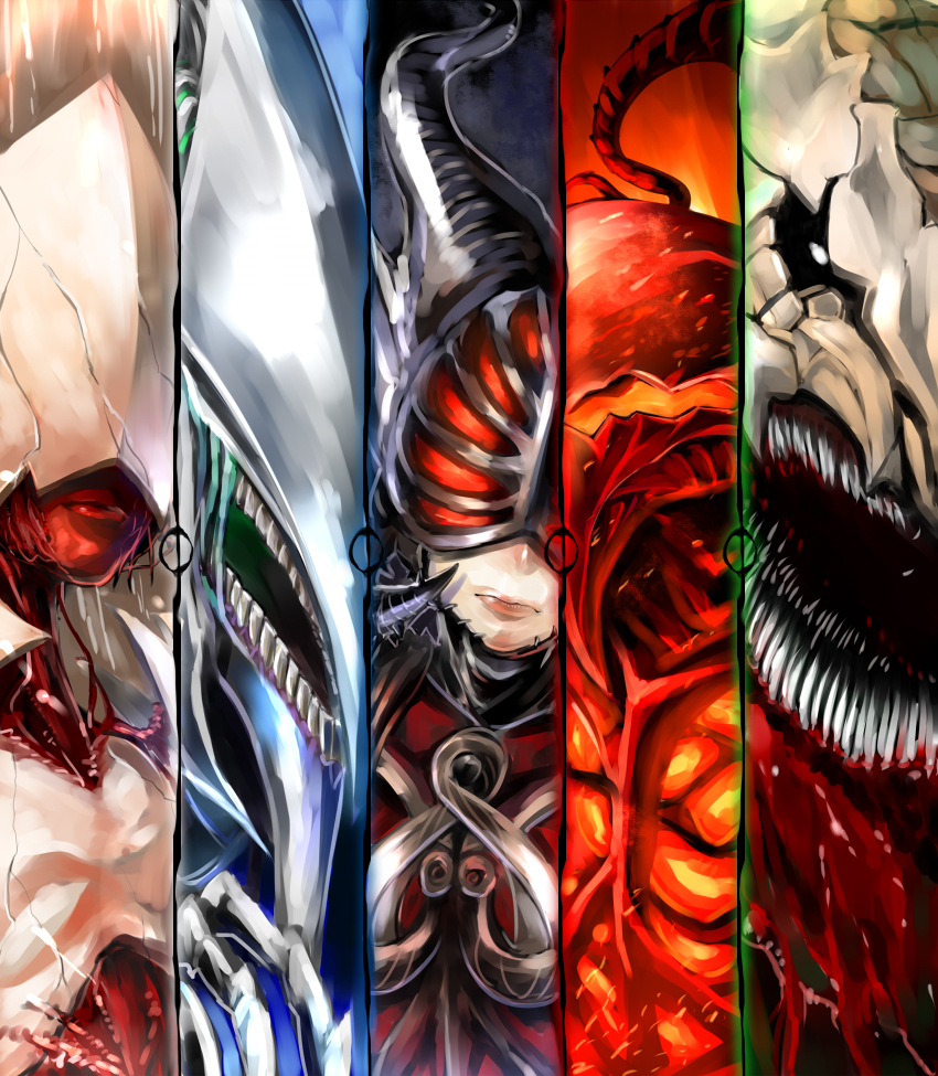 elesh norn, sheoldred, vorinclex, urabrask, and jin-gitaxias (magic: the gathering) drawn by hitsuji_bako