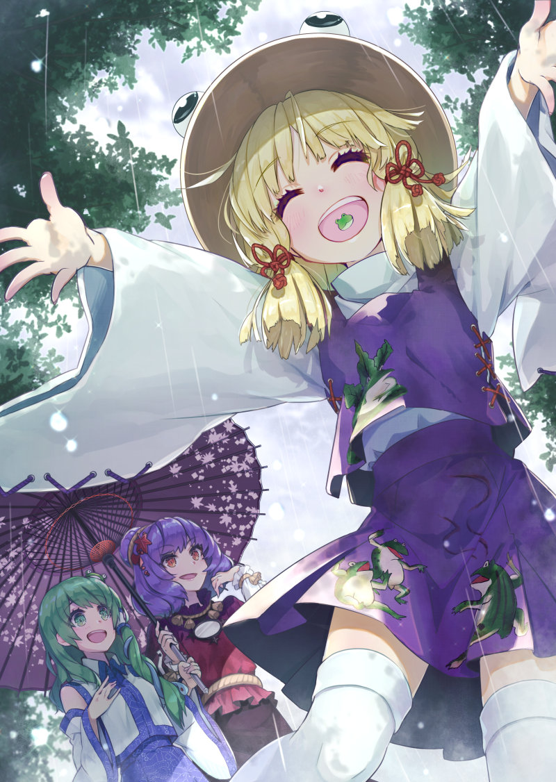 kochiya sanae, moriya suwako, and yasaka kanako (touhou) drawn by syuri22
