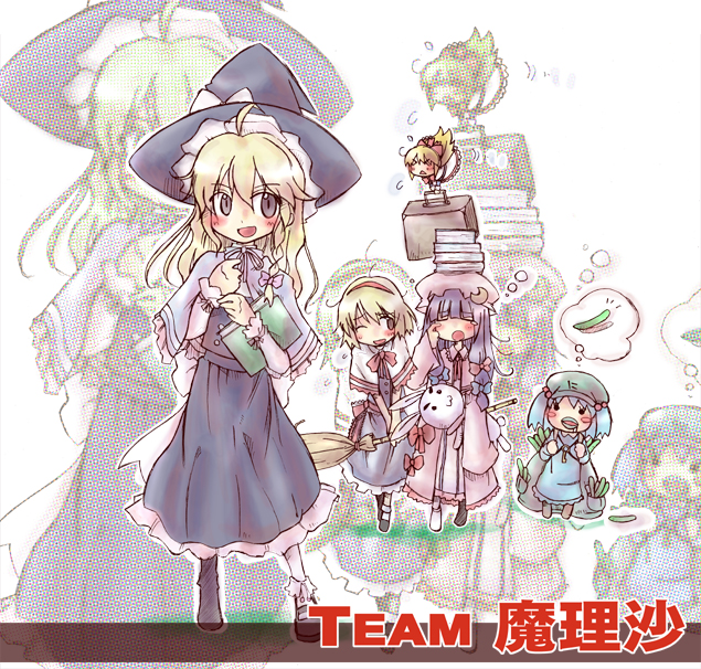 kirisame marisa, alice margatroid, patchouli knowledge, kawashiro nitori, and shanghai doll (touhou and 1 more) drawn by kasuga_yuuki